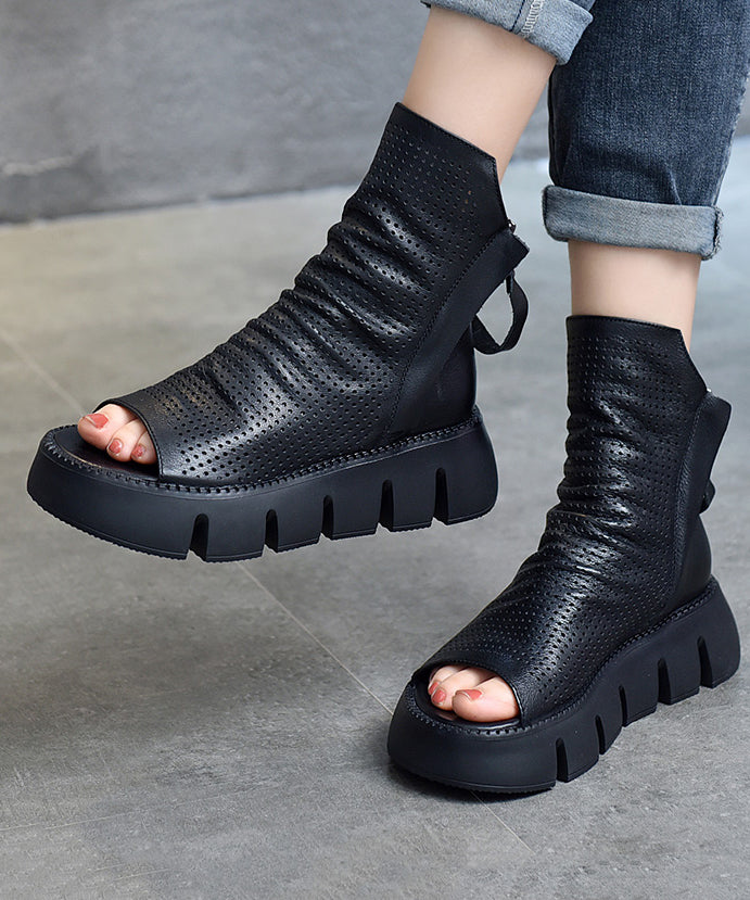 Black Boots Platform Cowhide Leather Peep Toe New