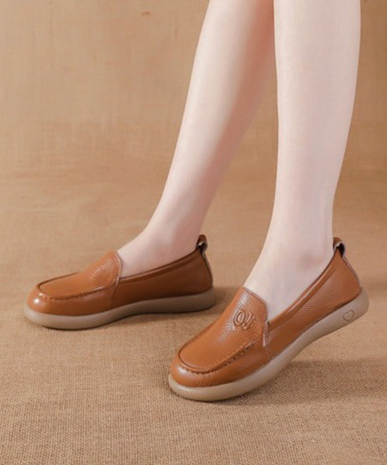 Brown Comfy Cowhide Leather Platform Flat Feet Shoes