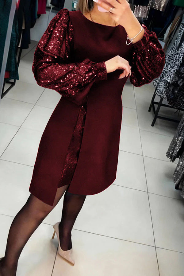 Sequined Puff Sleeve Elegant Mini Dress