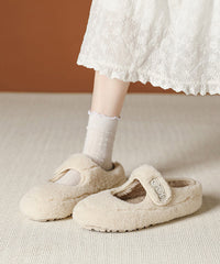 Beige Faux Fur Splicing Flat Shoes Fuzzy Wool Lined