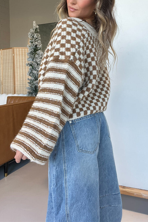 Plaid Striped Casual V Long-sleeved Short Knitted Cardigan
