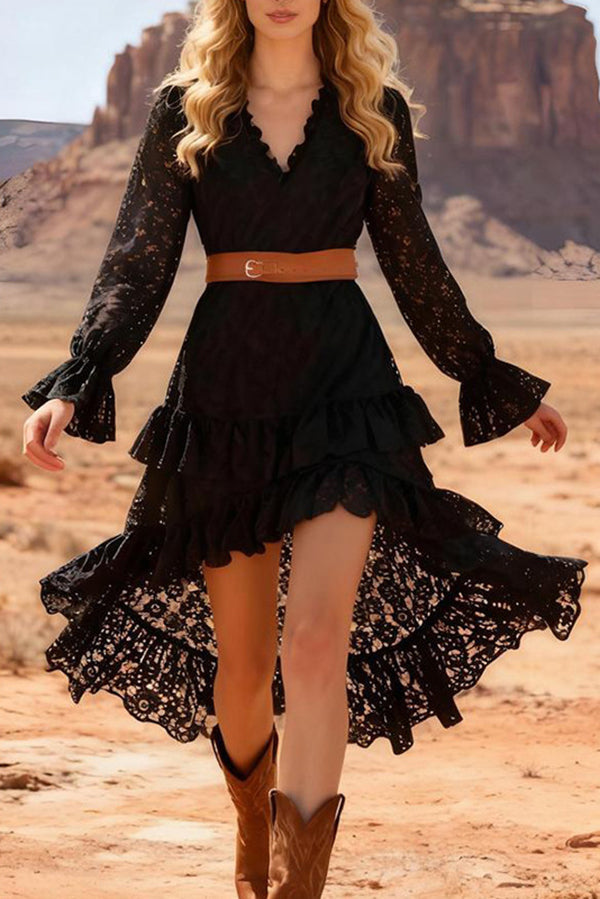 Lace V-neck Long-sleeved Irregular Ruffle Midi Dress