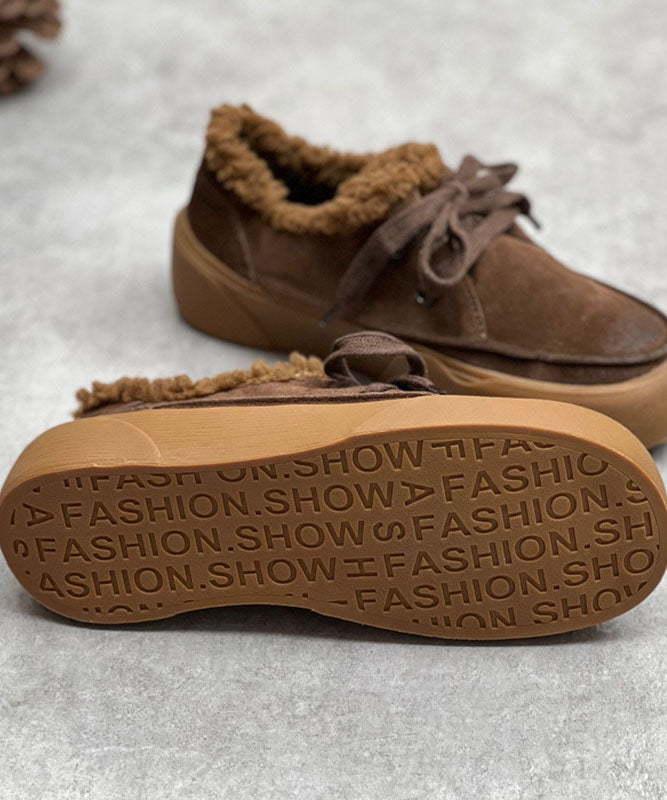 Chocolate Flats Lace Up Flat Shoes For Fuzzy Wool Lined