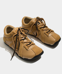 Coffee Cowhide Leather Comfy Splicing Lace Up Flat Shoes