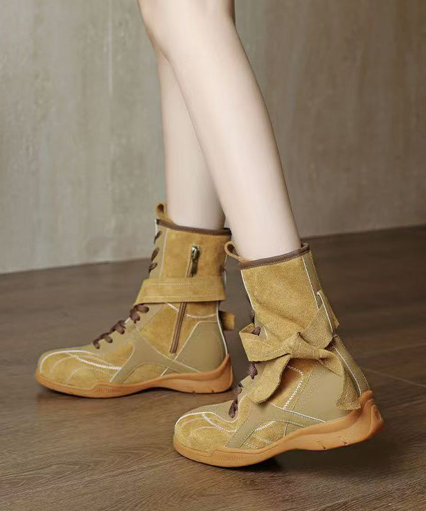 Stylish Brown Suede Lace Up Splicing Boots
