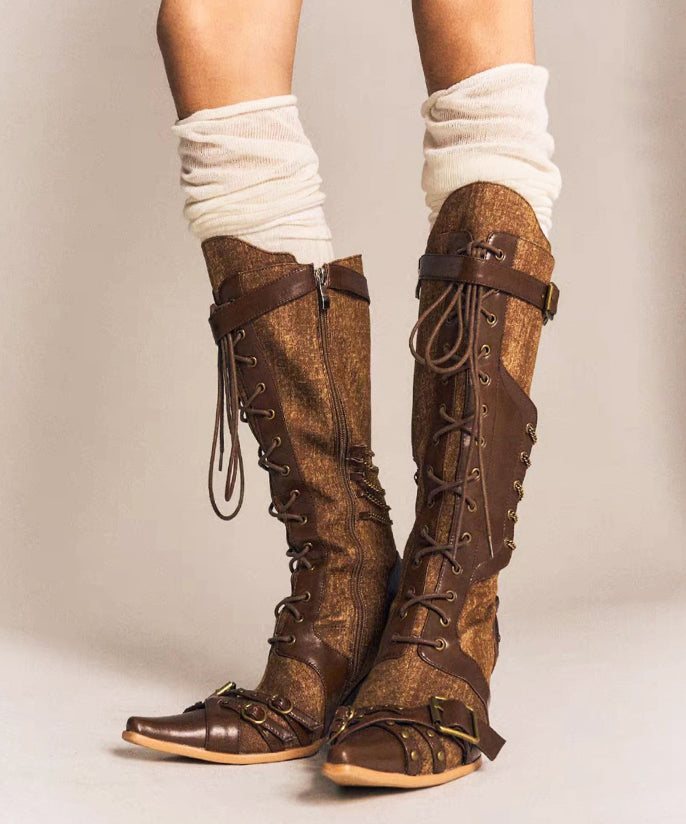 Boho Denim Splicing Lace Up Wedge Boots Brown Cowhide Leather