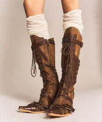 Boho Denim Splicing Lace Up Wedge Boots Brown Cowhide Leather