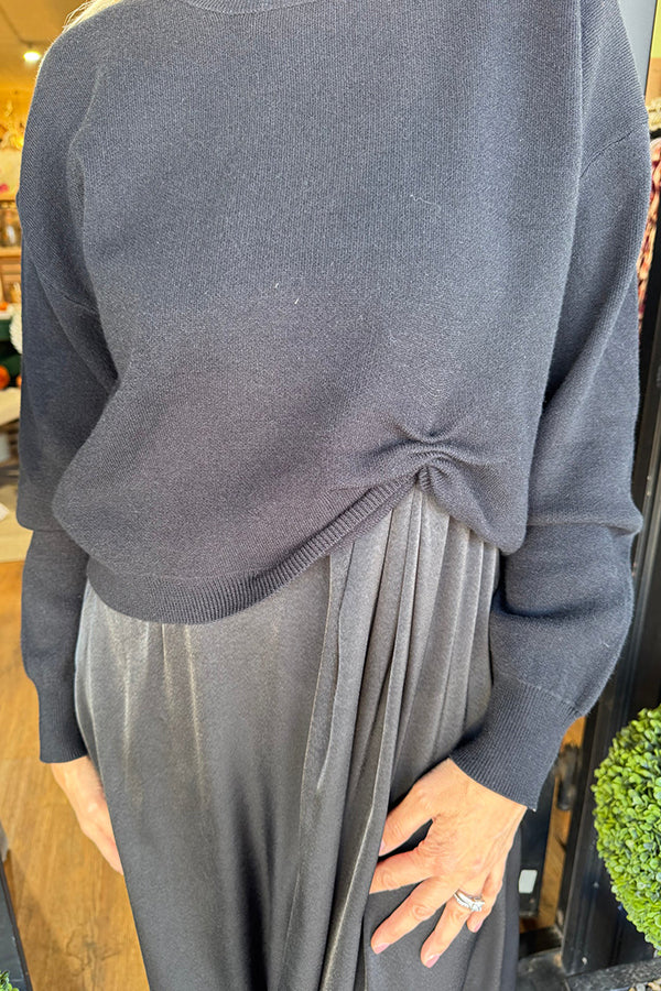 Practical Knit Ruched Sweater and Satin Stretch Tank Midi Dress Two-piece Set