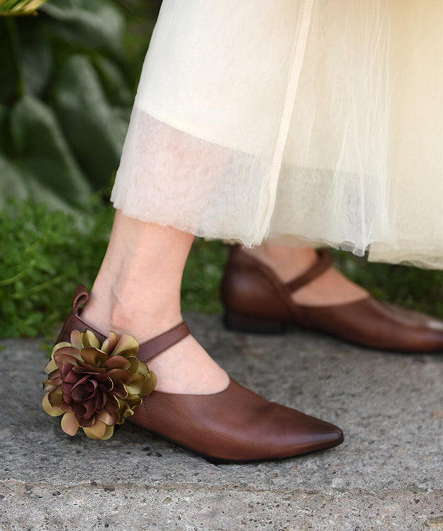 Coffee Flat Shoes For Buckle Strap Splicing Floral