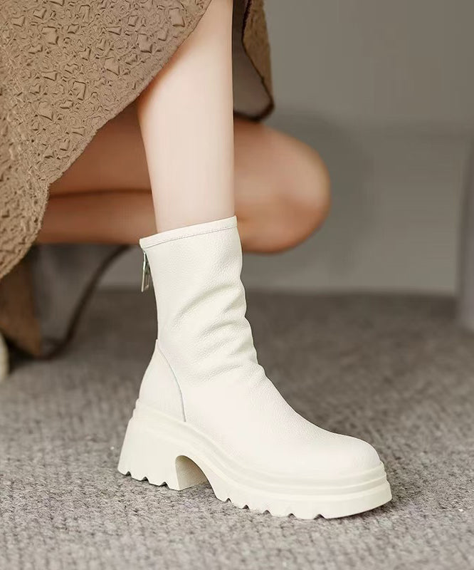 White Cowhide Leather Splicing Chic Chunky Boots