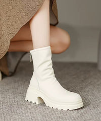 White Cowhide Leather Splicing Chic Chunky Boots