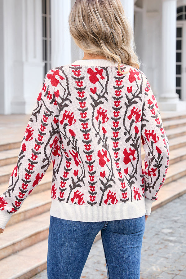 Floral Knitted Crew Neck Casual Sweater