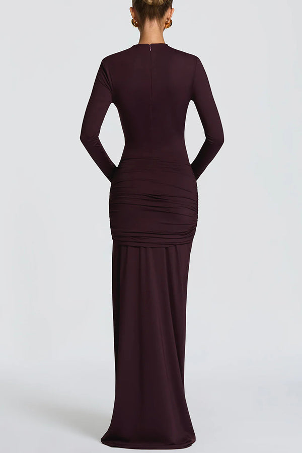 Cutout Fitted Long-sleeved Pleated Satin Ribbon Maxi Dresses
