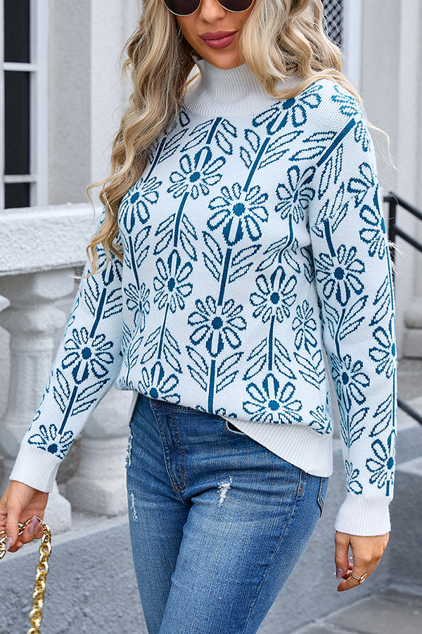 Floral Knitted Turtleneck Loose Sweater