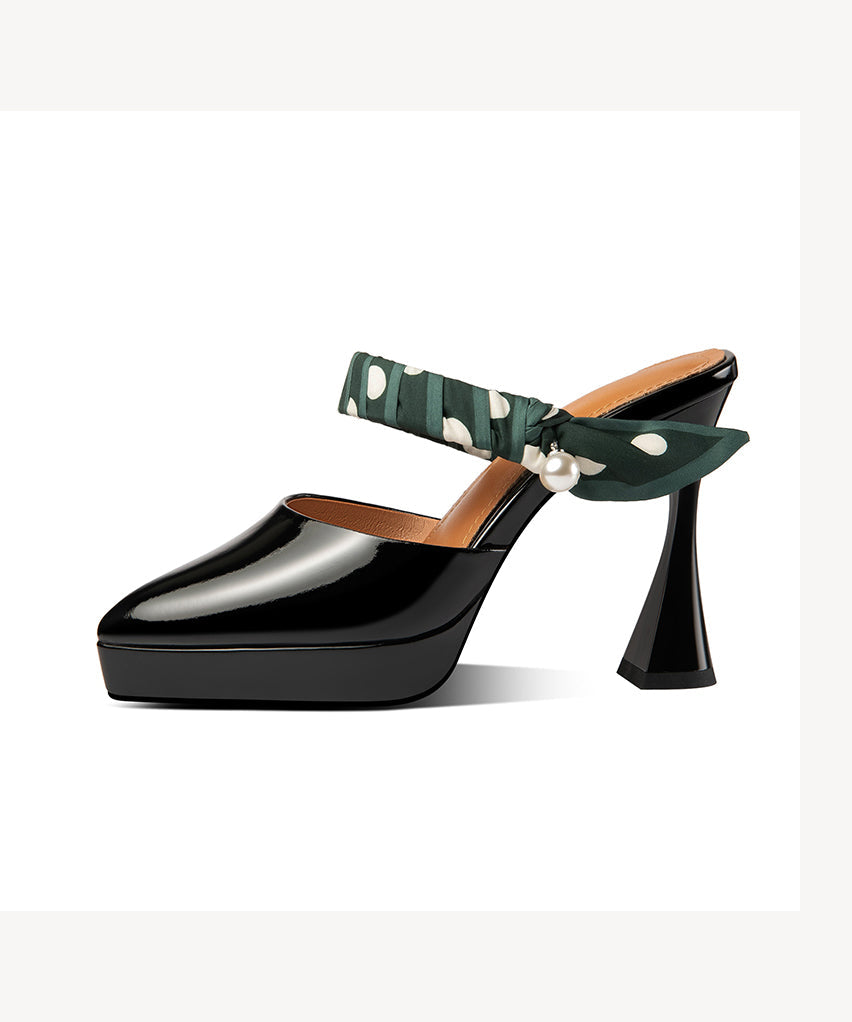 Splicing High Heel Slide Sandals Black Cowhide Leather