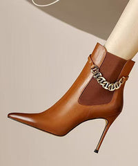 Classy Splicing Stiletto Boots Brown Faux Leather Pointed Toe