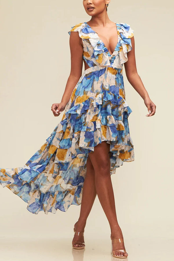 Boho Floral Print V-neck Backless Resort Maxi Dress