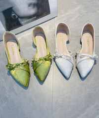 Handmade Splicing Flat Feet Shoes Green Bow Nail Bead