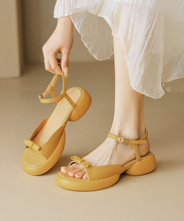 Yellow Cowhide Leather Splicing Bow Platform Sandals Peep Toe