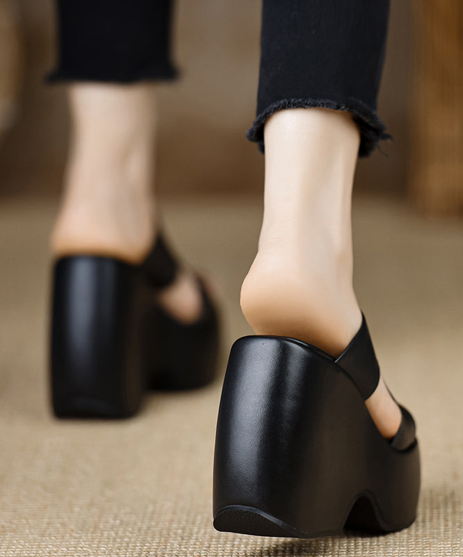 Stylish Wedge Heels Black Cowhide Leather Slide Sandals