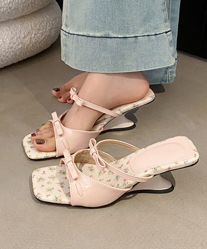 French Red Bow Splicing Faux Leather Wedge Slide Sandals