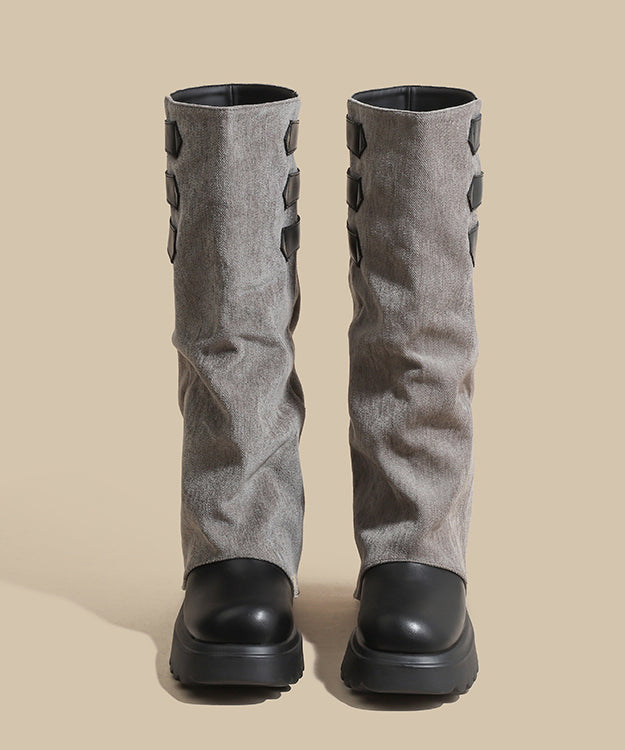Faux Leather Splicing Denim Fabric Platform Boots