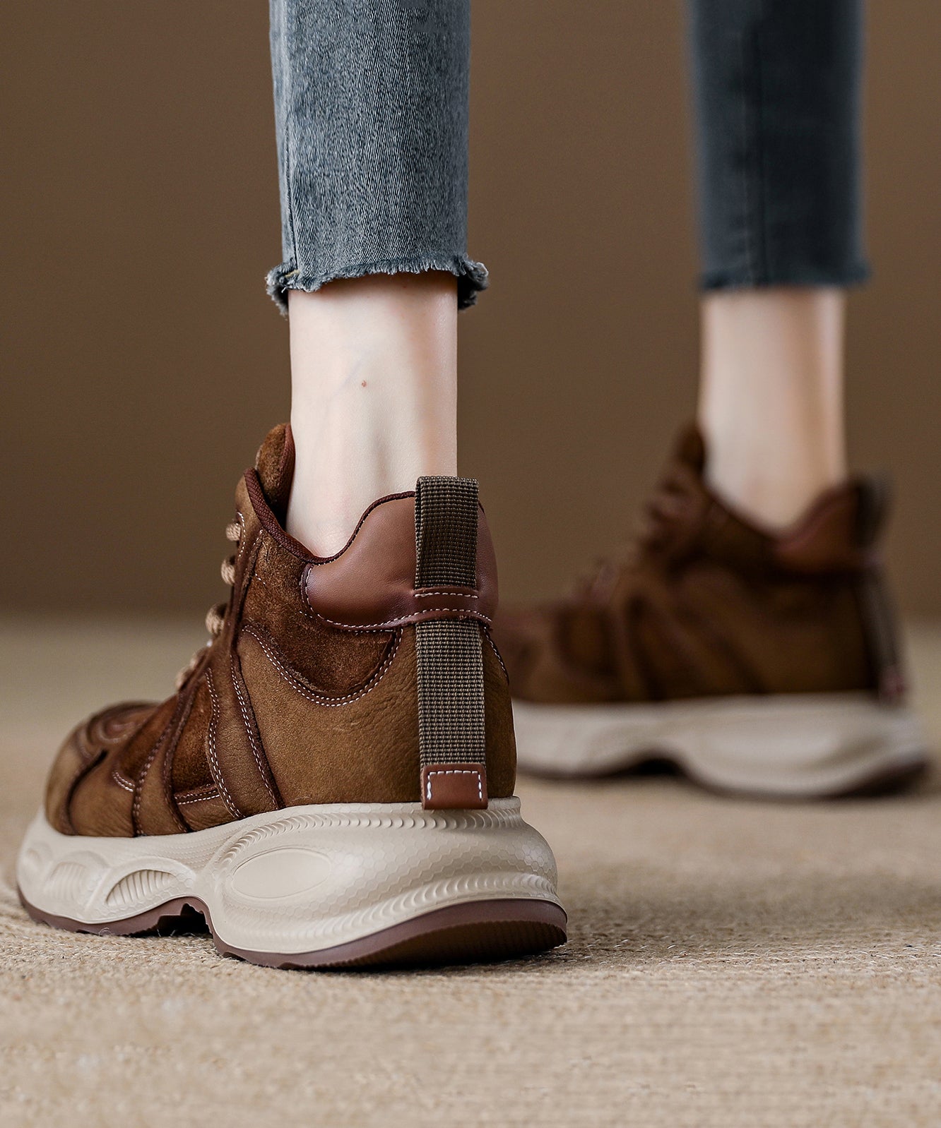 Brown Comfy Lace Up Splicing Platform Flats