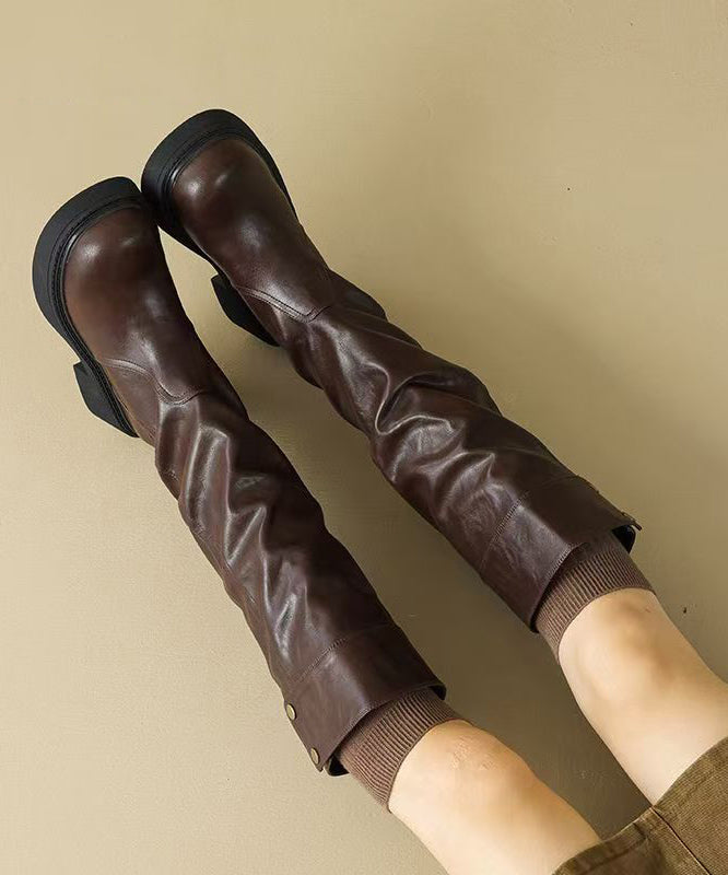 Brown Faux Leather Wrinkled Splicing Boots