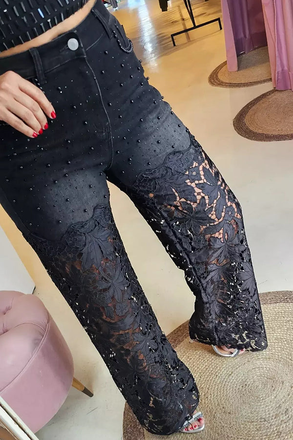 Openwork Lace Patchwork Wide-leg Jeans
