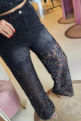 Openwork Lace Patchwork Wide-leg Jeans