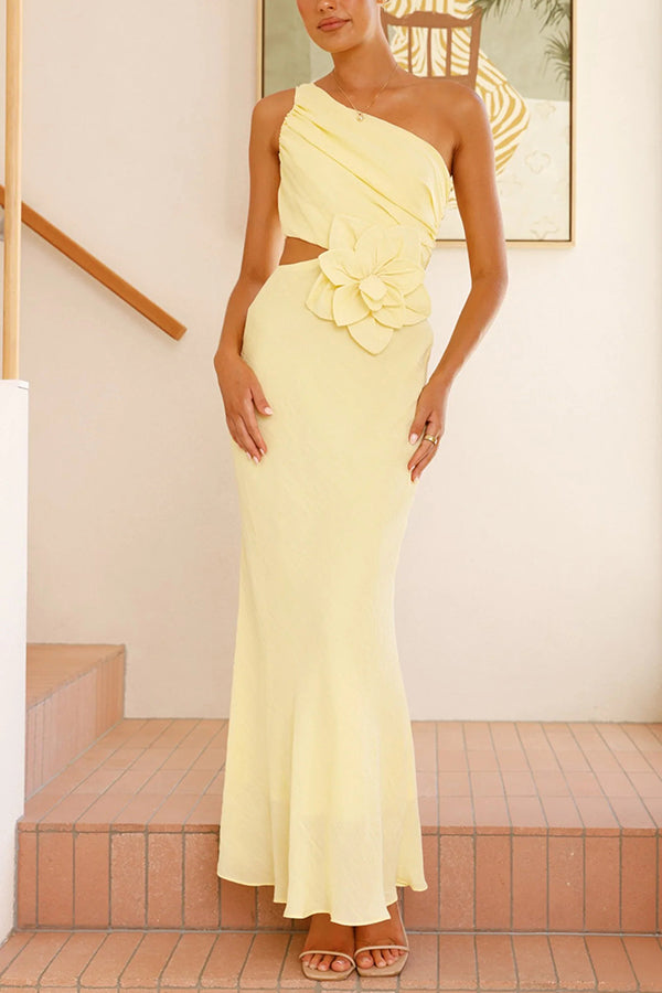 Bloom 3d Flower Ruched One Shoulder Cutout Maxi Dress