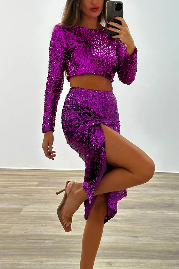 Solid Sequined Long-sleeved Crop Top and Slit Midi Skirt Set