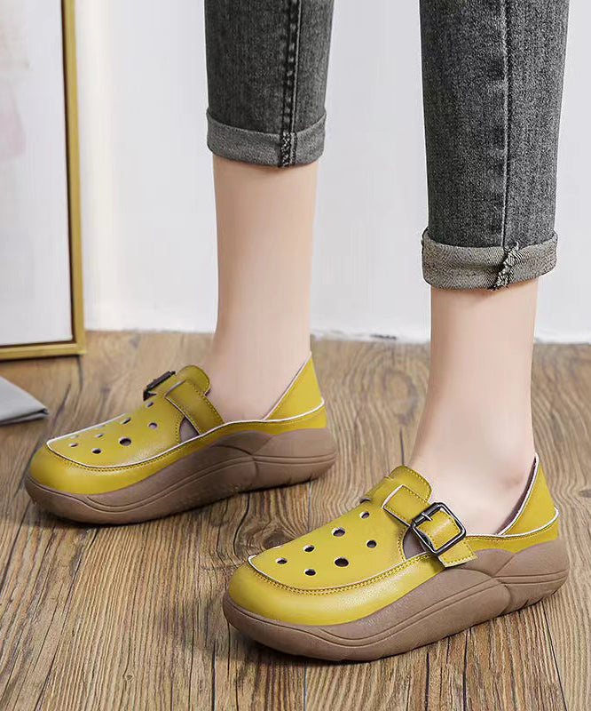 Green Cowhide Leather Hollow Out Flat Shoes