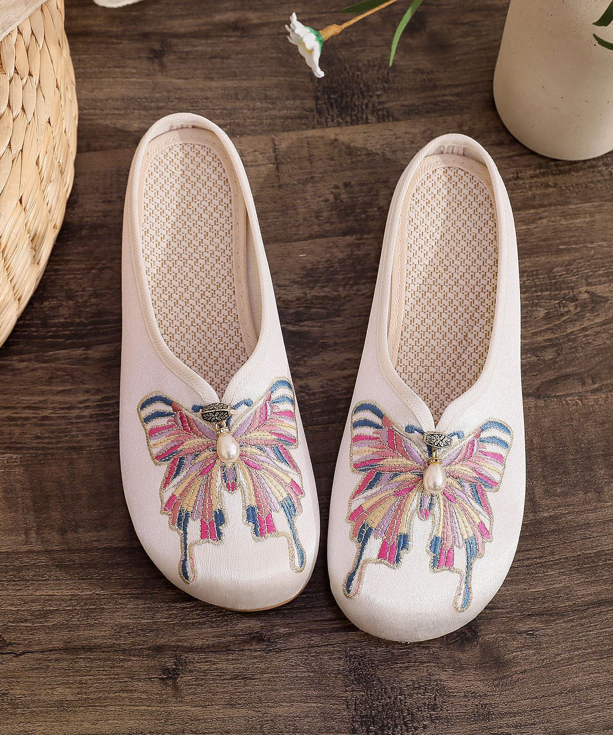 White Flat Slide Sandals Cotton Fabric Soft Splicing Embroideried