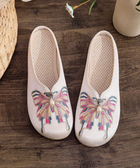 White Flat Slide Sandals Cotton Fabric Soft Splicing Embroideried