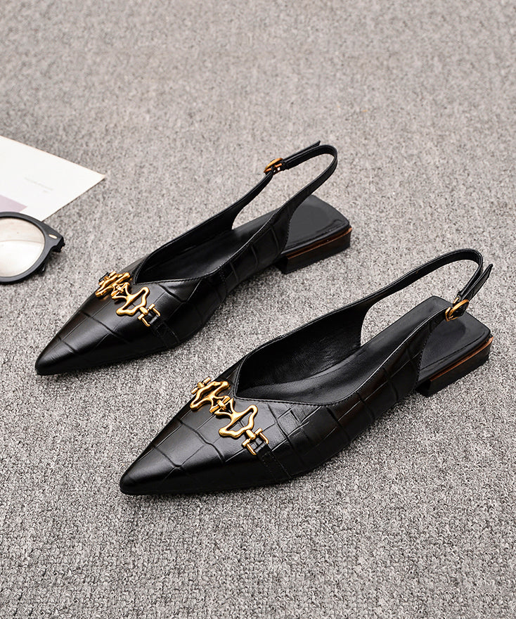 Sequined Splicing Sandals Black Cowhide Leather Pointed Toe