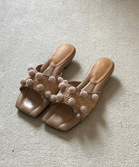 Apricot Fuzzy Ball DDecorated Splicing Wedge Slide Sandals Peep Toe