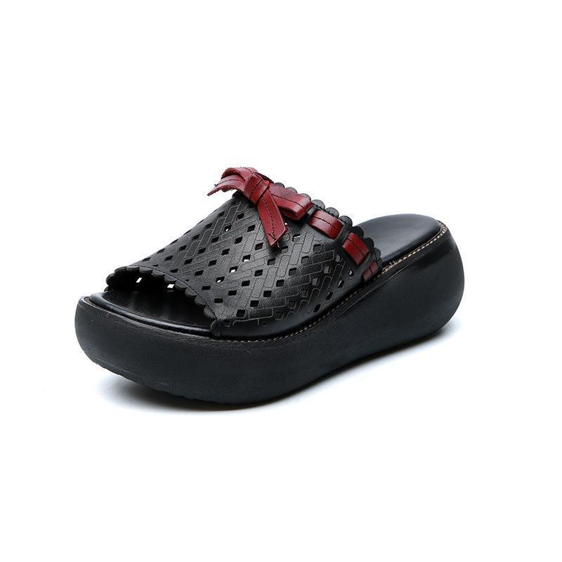 Leather Vintage Hollow Out Wedge Casual Slippers