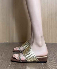 Gold Sheepskin Splicing Wedge Slide Sandals Peep Toe