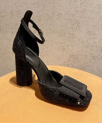 Handmade Splicing Chunky Heel Sandals Black Zircon Buckle Strap