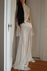 See-through High-neck Long-sleeved Draped Top and High-waisted Slit Maxi Skirt Vacation Set