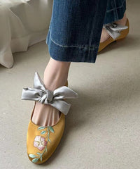 Retro Black Embroidery Satin Bow Lace Up Flats Shoes