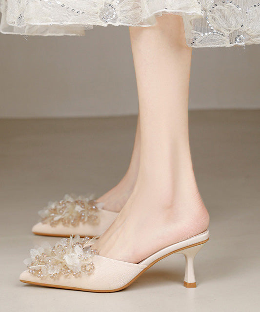 French Apricot Satin Zircon High Heels Slide Sandals