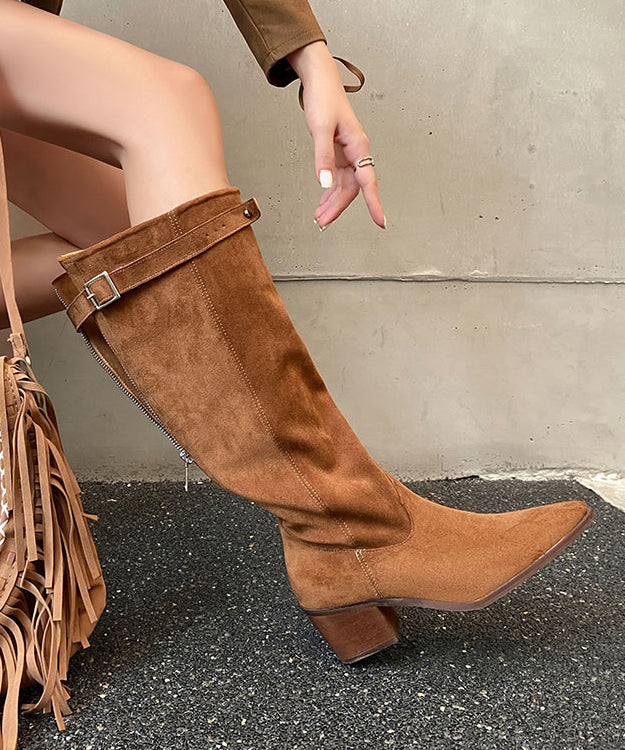 Splicing Chunky Boots Brown Cowhide Leather