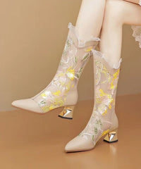 Embroidered Hollow Mesh Patchwork Chunky Heel Boots