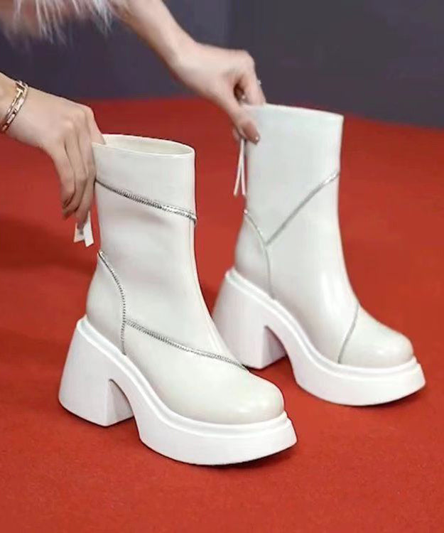 White Zippered Splicing Chunky Boots