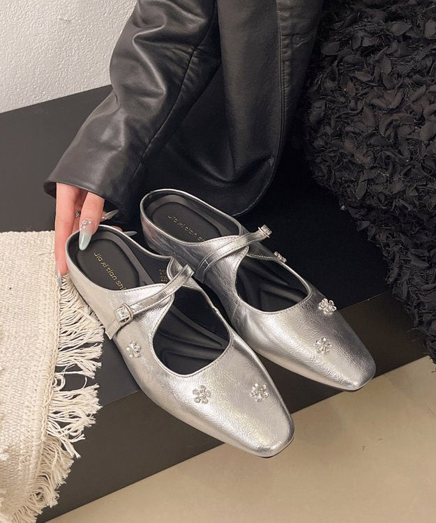 Chic Splicing Silver Faux Leather Slide Sandals Zircon