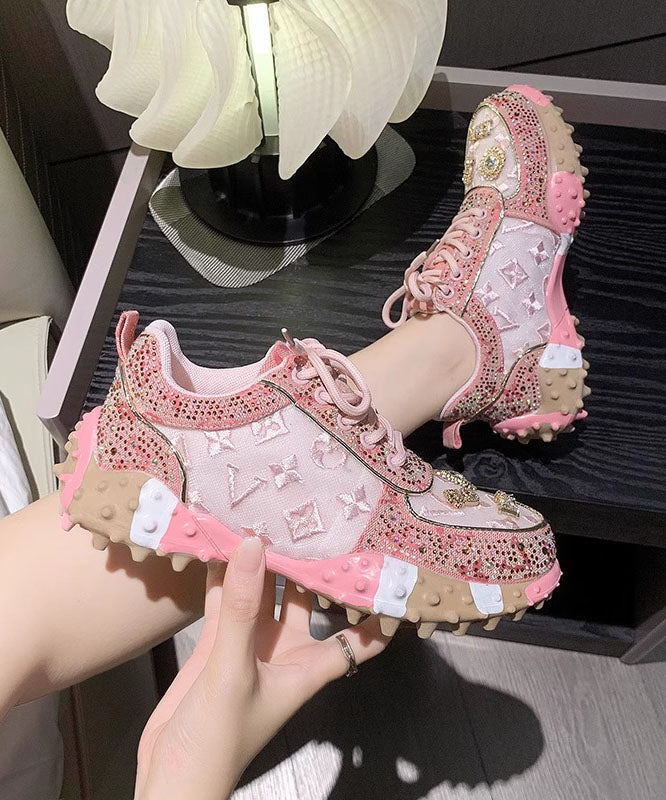Pink Mesh Breathable Zircon Lace Up Sports Shoes