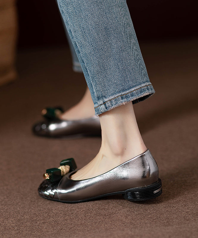 Comfortable Gun Color Beaded Bow Flat Shoes