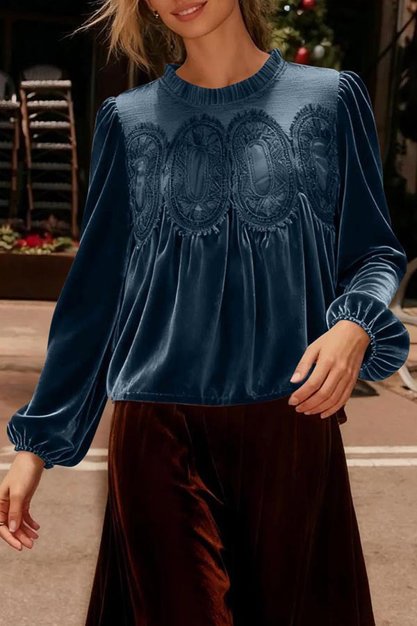 Velvet and Lace Patchwork Loose Long-sleeved Top
